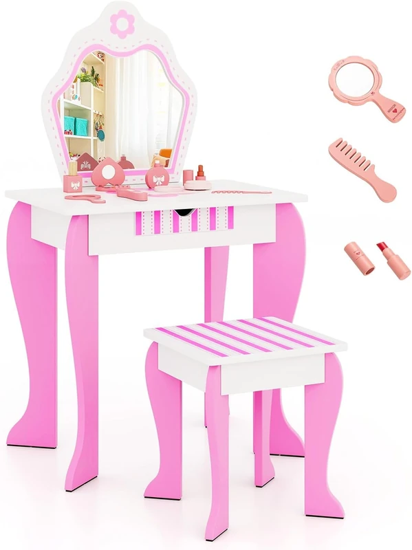 FANTASK Children's Dressing Table with Stool, Girls' Dressing Table with Removable Mirror & Drawer, Princess Dressing Table with Accessories - Image 1