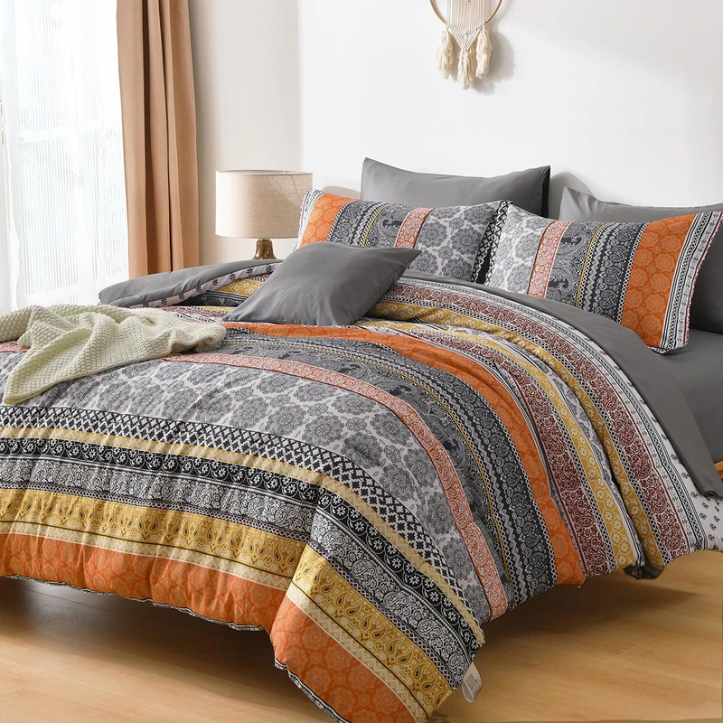 Boho Comforter Set King Size,8 Pieces Orange Bohemian Striped Bed in a Bag,Paisley Soft Microfiber Bedding Comforter Set