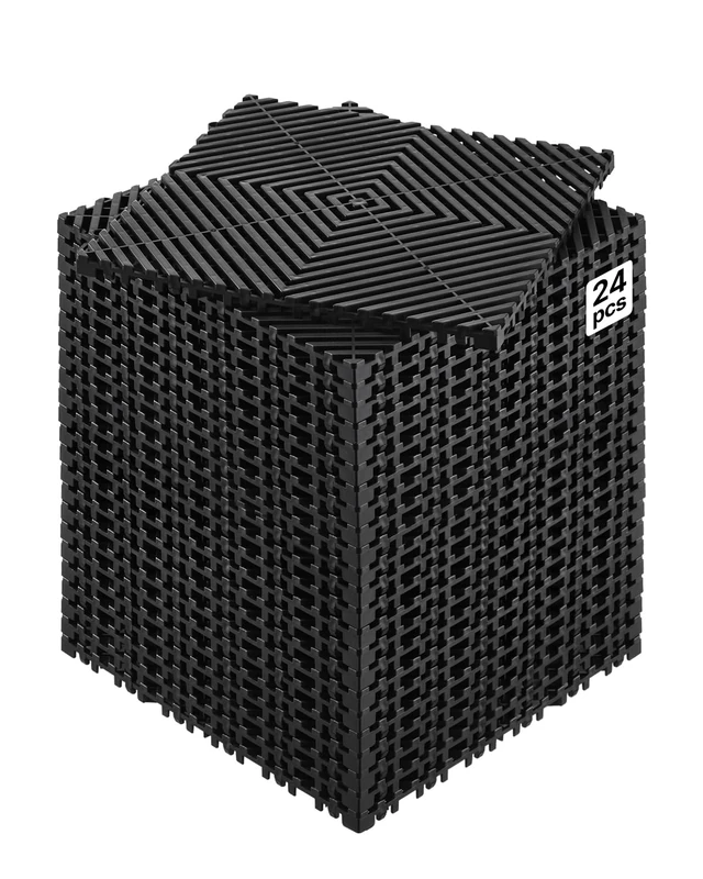 VEVOR Interlocking Drainage Mat, 12” x 12” Modular Interlocking Cushion, 24 Pcs Splicing Drainage Mats, Non-Slip Black PP Drainage Floor Tile and Shower Mat, for Garage, Garden, Kitchen & Outdoor