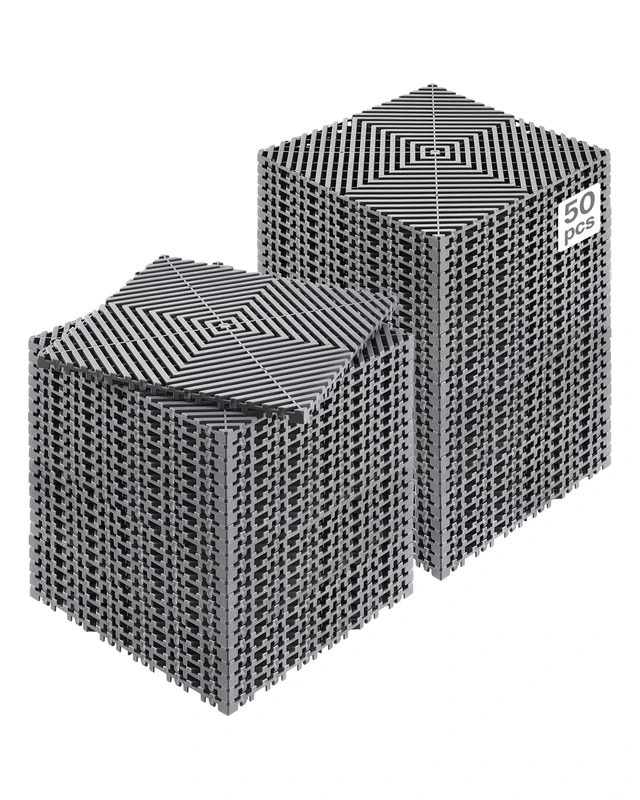 VEVOR Interlocking Drainage Mat, 12” x 12” Modular Interlocking Cushion, 50 Pcs Splicing Drainage Mats, Non-Slip Gray PP Drainage Floor Tile and Shower Mat, for Garage, Garden, Kitchen & Outdoor