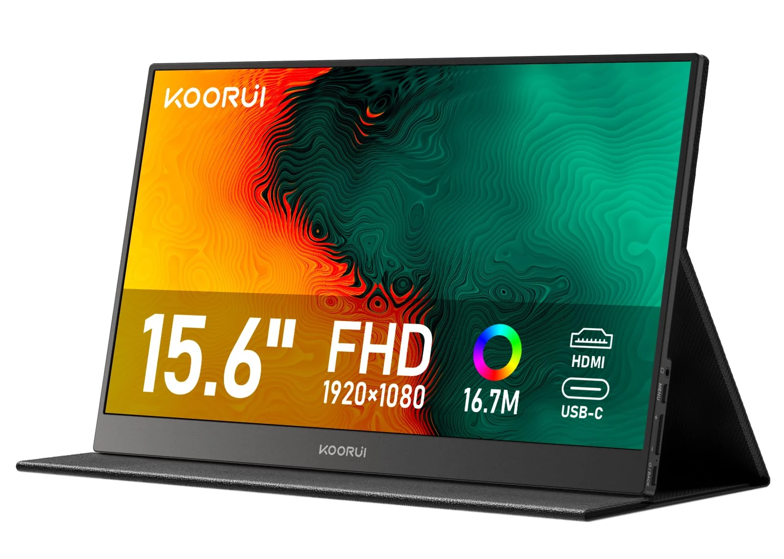 KOORUI E1511A Portable Monitor, 15.6 Inch 1920 x 1080 FHD IPS Second Screen with Built-in Speakers for Laptop, PC, Mac, Xbox, PS5/4, USB Type C & HDMI, Smart Cover