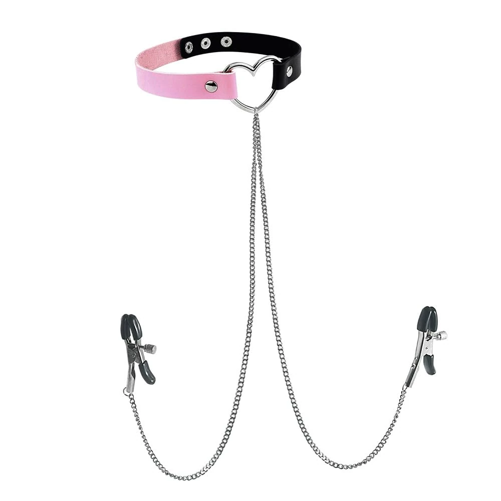 Fake Nipple Clamps Tassel Chain for Women Unisex Adjustable Black Pink PU Leather Choker Necklace Open Heart Non-Piercing Nipple Rings Sexy Body Chain Jewelry