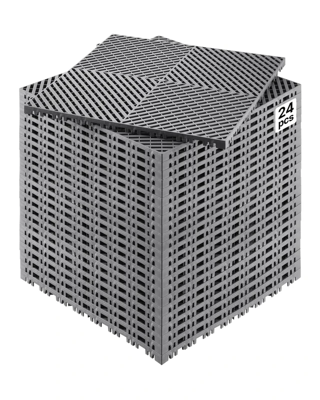 VEVOR Interlocking Drainage Mat, 15.7” x 15.7” Modular Interlocking Cushion, 24 Pcs Splicing Drainage Mats, Non-Slip Gray PP Drainage Floor Tile and Shower Mat, for Garage, Garden, Kitchen & Outdoor