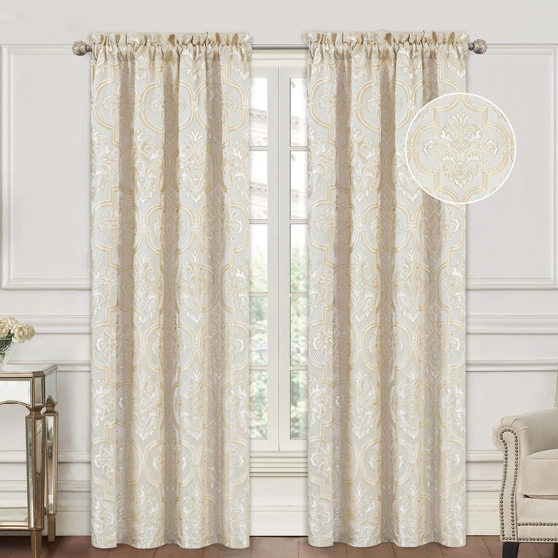 Loom and Mill Elegant Damask Curtains for Bedroom, Textured Lined Jacquard Curtains 2 Panels with Tiebacks, Beige Gold Floral Window Curtain for Living Room Banquet, Rod Pocket(52”x84”, 2 Panels)