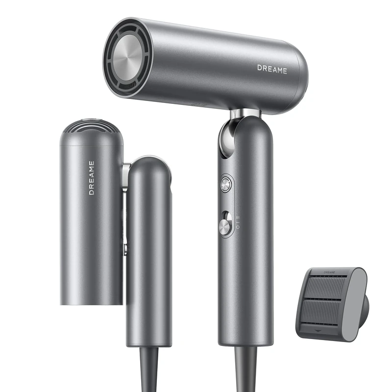 DREAME Pocket High-Speed Hair Dryer, 110,000RPM Motor, 3 Foldable Forms, 300 Million Negative Ions/cm³, 57°C Constant Temperature, 40s Drying, Low Noise Hair Dryer, 300g Light Weight, Grey