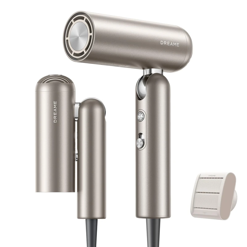DREAME Pocket High-Speed Hair Dryer, 110,000RPM Motor, 3 Foldable Forms, 300 Million Negative Ions/cm³, 57°C Constant Temperature, 40s Drying, Low Noise Hair Dryer, 300g Light Weight, Gold