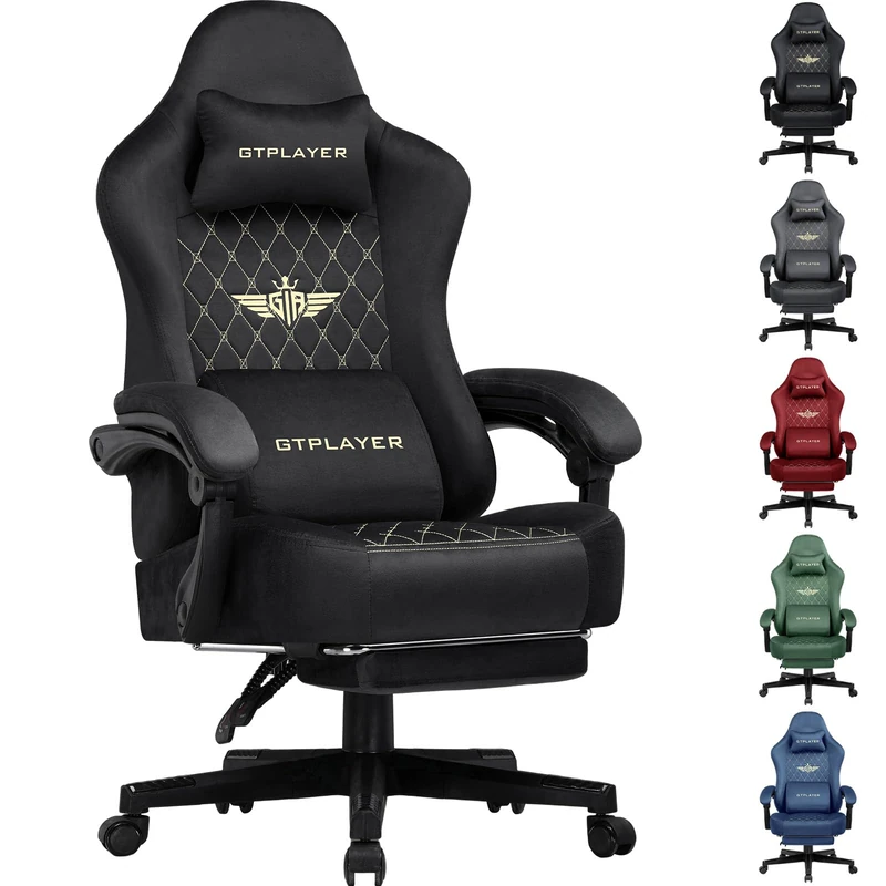 GTPLAYER Fabric Gaming Chair, Ergonomic Computer Chair with Footrest and Lumbar Support Height Adjustable Home Office Chair with 360°-Swivel Seat and Headrest (Black)