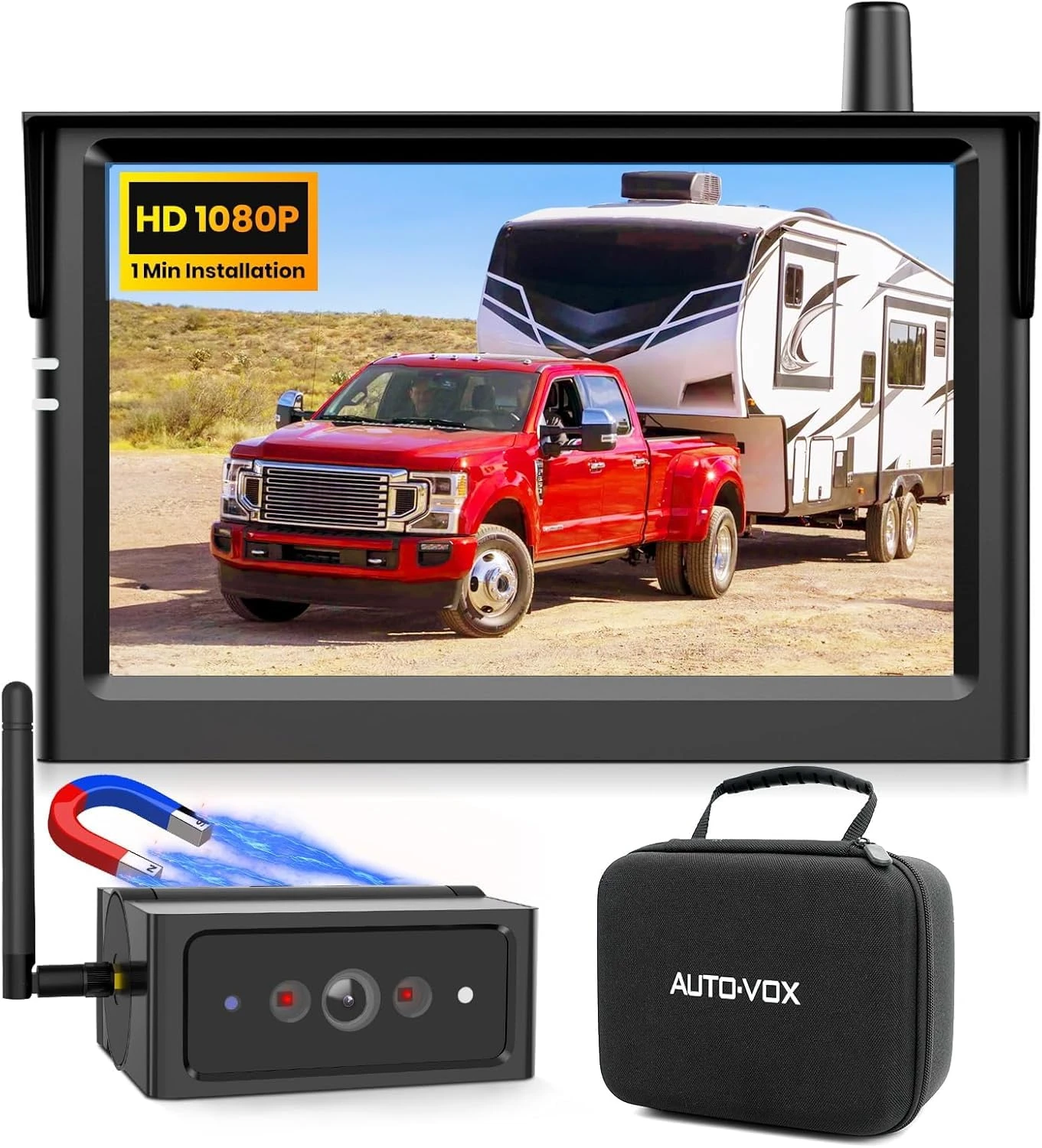 AUTO VOX Wireless Reversing Camera Kit Magnetic: 5" Portable No Wiring 1 Min Install Trailer Hitch Camera, 2-Channel HD 1080P Monitor & IR Night Vision Reverse Camera Systems for Caravan, Motorhome