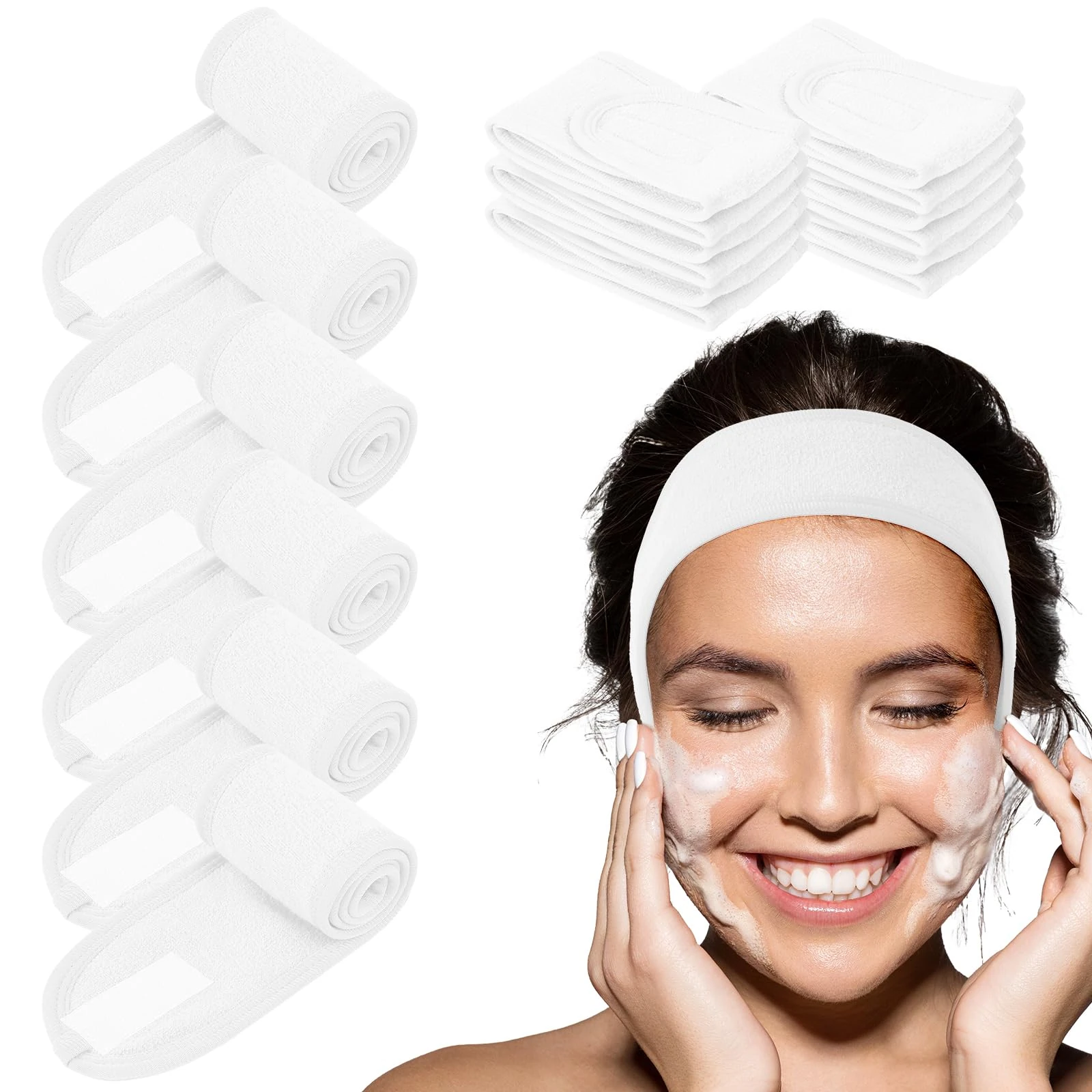 LOPHE Hair Bands for Makeup, Set of 6 Cosmetic Hair Bobbles with Closure, Adjustable Straps, Suitable for Sports and Showers (White)