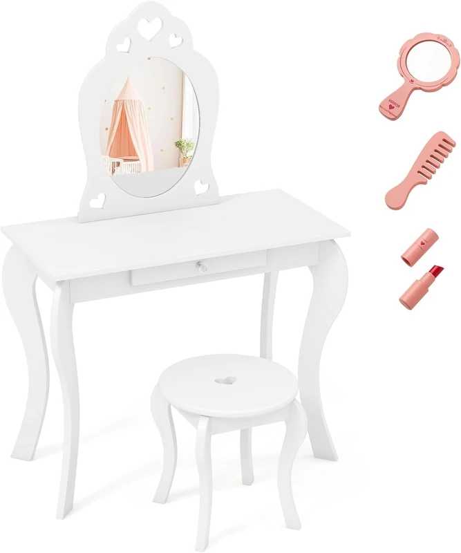 FANTASK 2 in 1 Children's Dressing Table Set, Dressing Table for Kids Girls with Triple Folding Mirror & Drawer, Princess Cosmetic Table with Vanity Stool in White - Image 1
