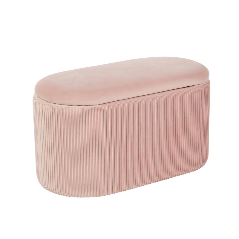 Home Source Oval Folding Ottoman, Velvet Fabric Organiser Bedding Box, Versatile Home Storage, 76cm, Pink