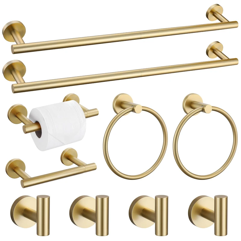 10PCS Towel Bar Set for Bathroom Wall, 23.6" Brushed Gold Bathroom Hardware Set Upgraded Bathroom Towel Holder, Stainless Steel Towel Rack Bathroom Accessories