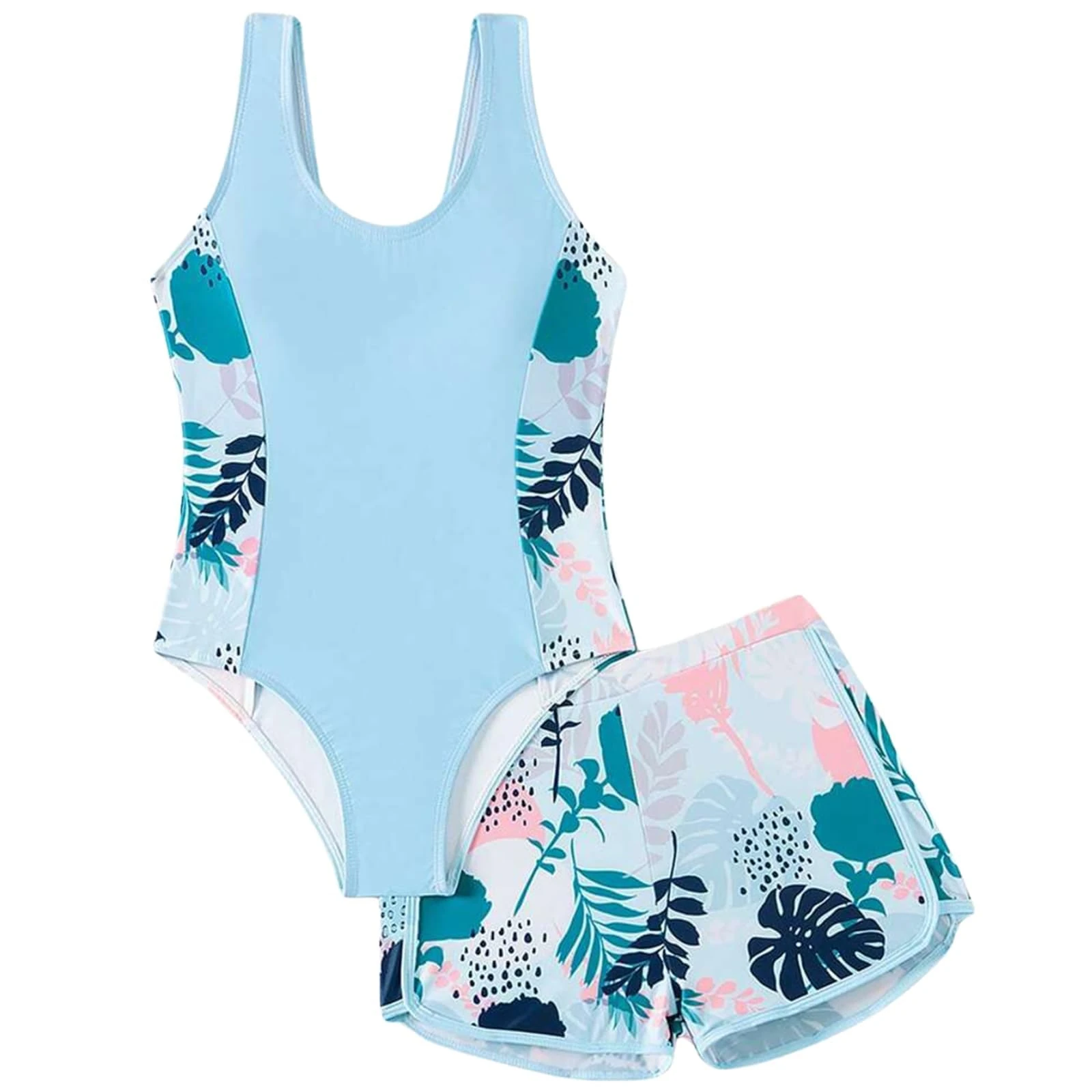 Xumplo Girls Swimming Costume Tween Girl One Piece Swimsuit with Shorts Young Girls Floral Swimwear Crew Neck Bathing Suit Blue 3-4 Years