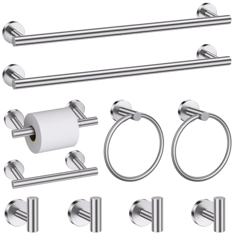 Brushed Nickel Round 10-Piece Towel Bar Set Bathroom Hardware Accessories Set Upgraded Toilet Paper Holder Towel Rail Set for Bathroom Stainless Steel Wall Mounted Bathroom Set,23.6 in