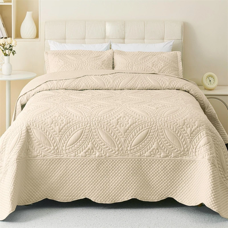 Cmfshape Oversize King Bedspread 128"x120",3 Piece California King Quilt,Lightweight Bed Quilt Set for All Season,Modern Geometric Pattern Bedding Set Beige