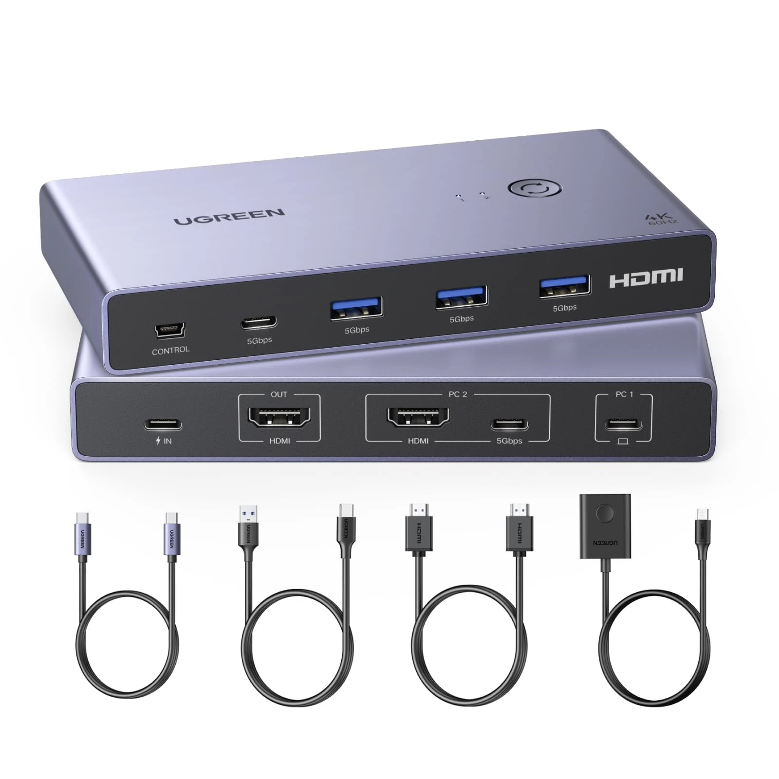 UGREEN KVM Switch [ USB C & HDMI Input ] Support 4K@60Hz, 4 Port USB KVM Switches for 2 Computers Share 1 Monitor and Keyboard/Mouse/Hard Drives/Printer, KVM Switcher for MacBook, Mac Mini, PC