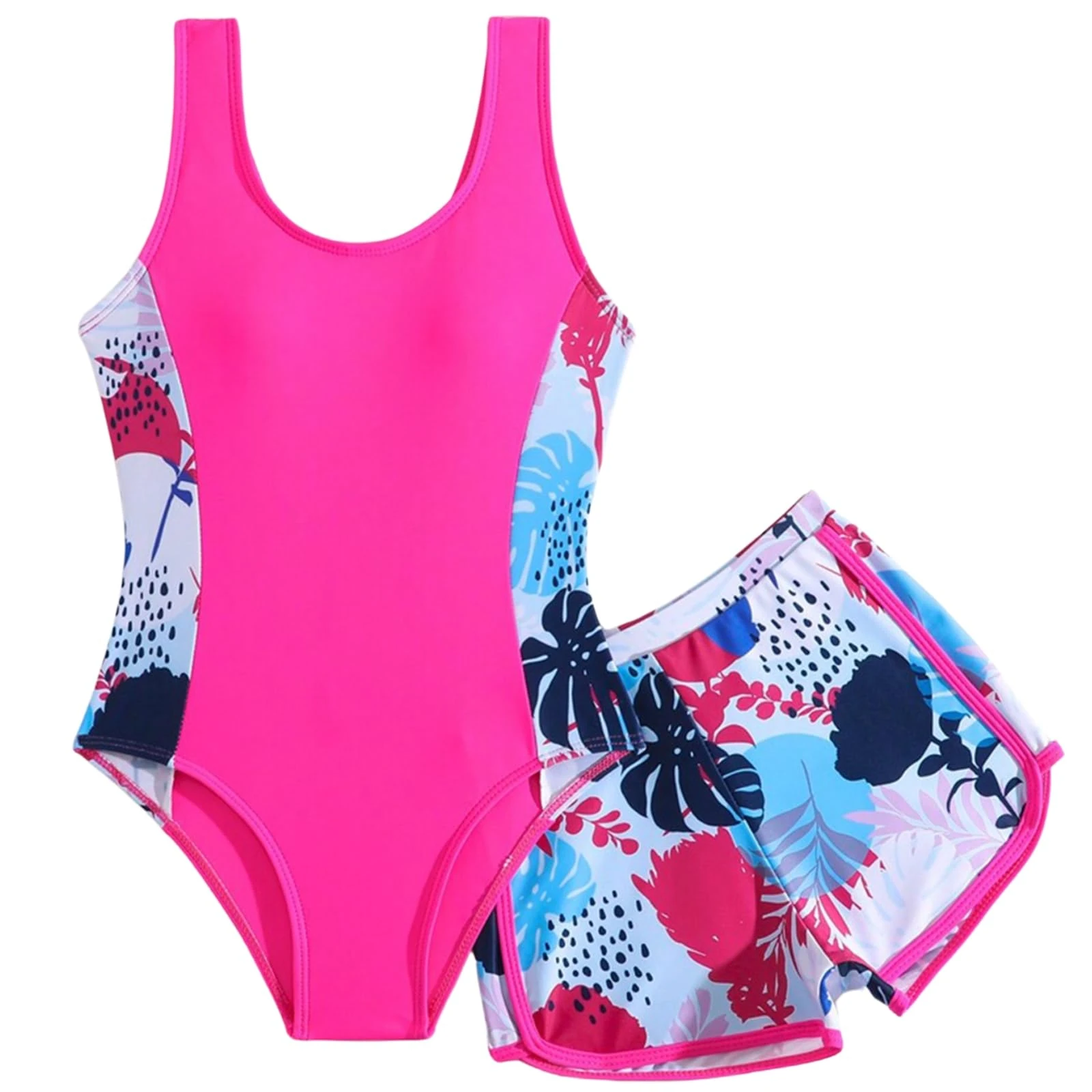 Xumplo Girls Swimming Costume Tween Girl One Piece Swimsuit with Shorts Young Girls Floral Swimwear Crew Neck Bathing Suit Red 12-14 Years