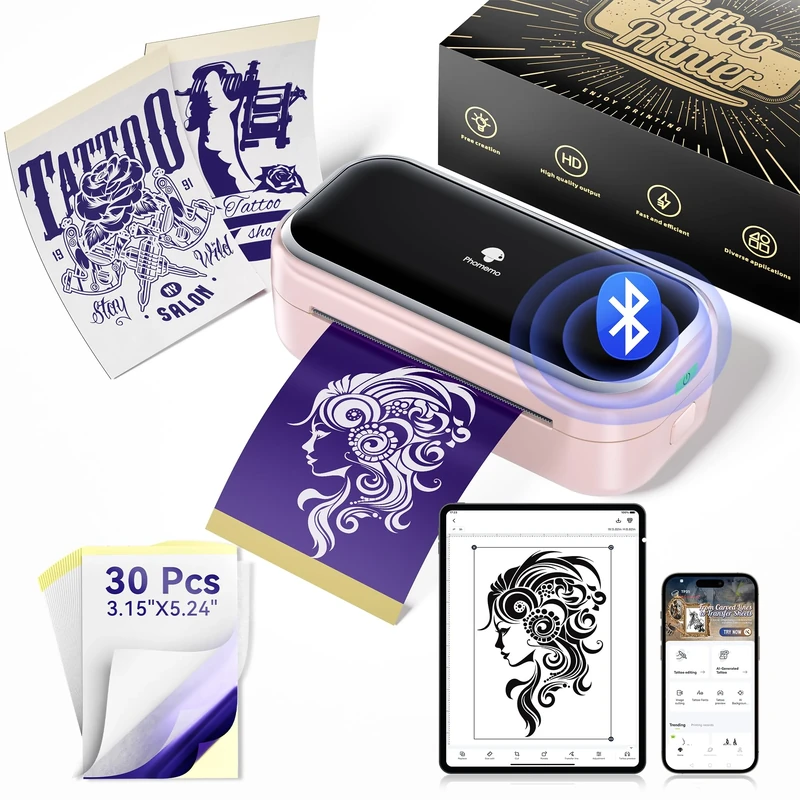 Phomemo Stencil Printer - Tattoo Printer TP31 Pink Tattoo Transfer Printer with 30pcs Transfer Consumables, Bluetooth Wireless Tattoo Printer Ideal For Tattoo Artist, DIY Temporary Tattoos Stencil