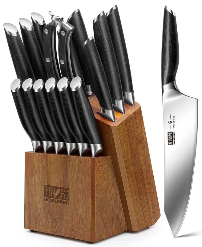 HOSHANHO 16-Piece Kitchen Knife Set with Block, Powder Steel High Carbon Steel Knife Block Set, Ultra Sharp Professional Chef Knife Set with Sharpener