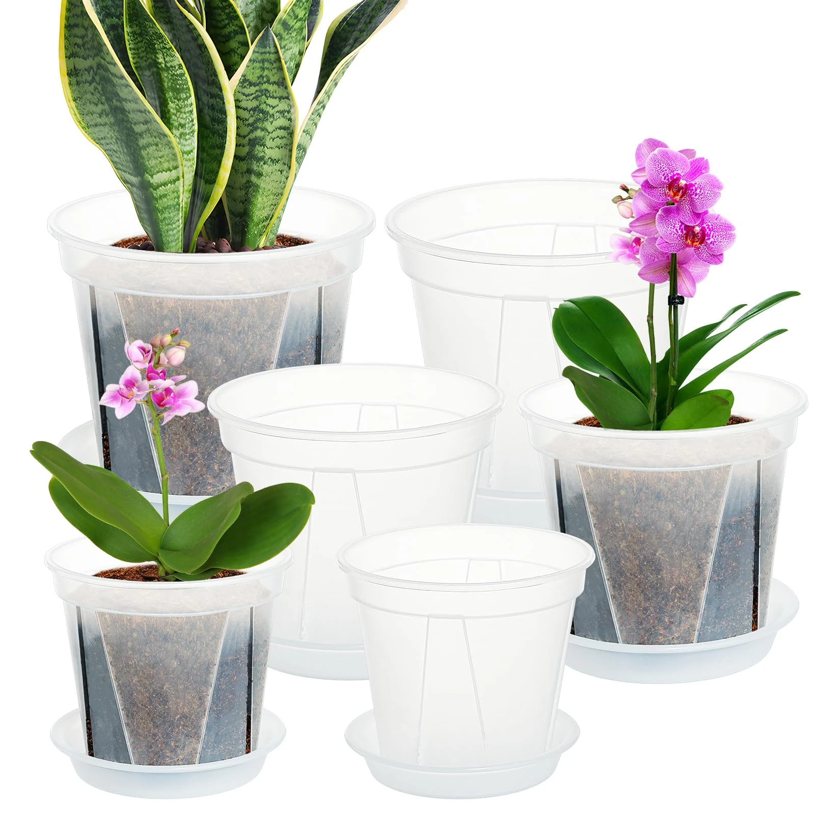 IWTTWY 6 Pcs Plastic Plant Pots, 12/15/18cm Orchid Pot Flower Pot with Drainage Holes and Saucers, Seed Seedling Pots for Indoor Outdoor, Root-Control Nursery Pots for Orchid, Penoy, Rose (Clear)