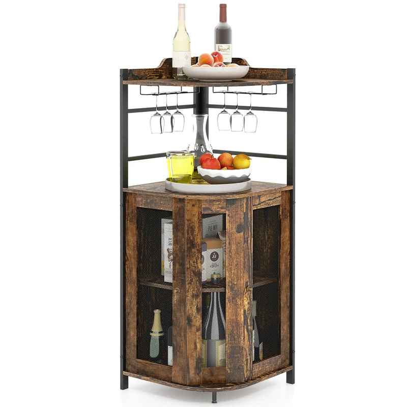 GiantexUK Corner Bar Cabinet, Industrial Wine Cabinet with Glass Holders, Adjustable Shelf & Mesh Doors, Anti-Slip Storage Display Rack for Kitchen Dining Living Room (Rustic Brown)