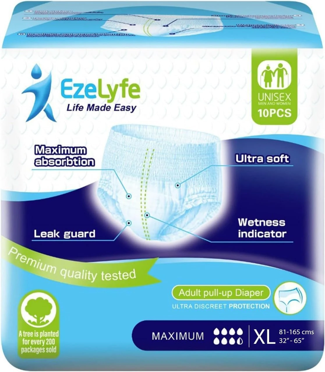 EzeLyfe Premium Adult Incontinence Pants Pull Up Diaper for Men and Women, Maximum Absorption, Ultra Soft, Anti-Leak Security, Breathable (XL (Pack of 60))