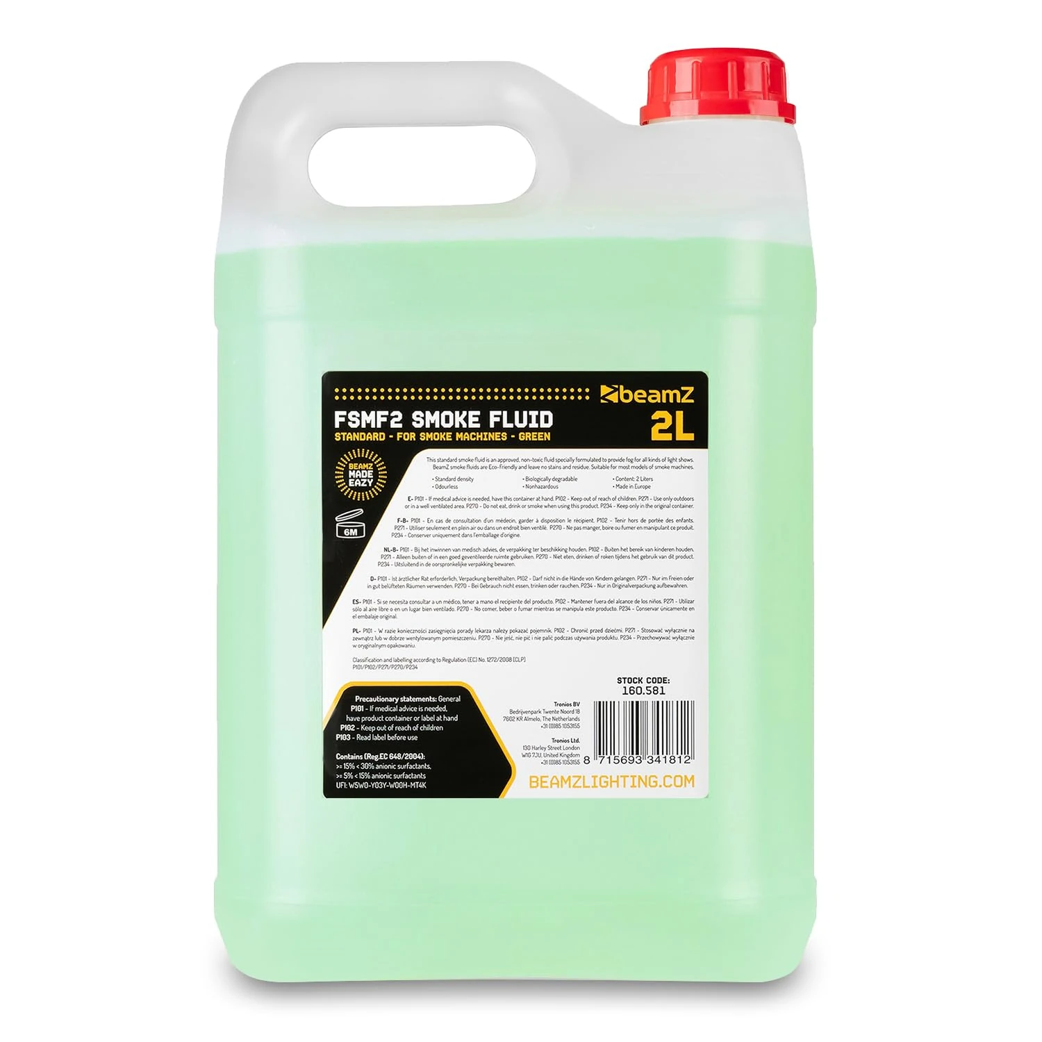 beamz FSMF2 Green Smoke Fluid, Naturally Dissolving, Non-Staining, Non-Toxic, Odourless, Sustainable Fog Juice, Long Lasting Mist Haze Liquid for Smoke Machines, DJ Events & Parties, 2L