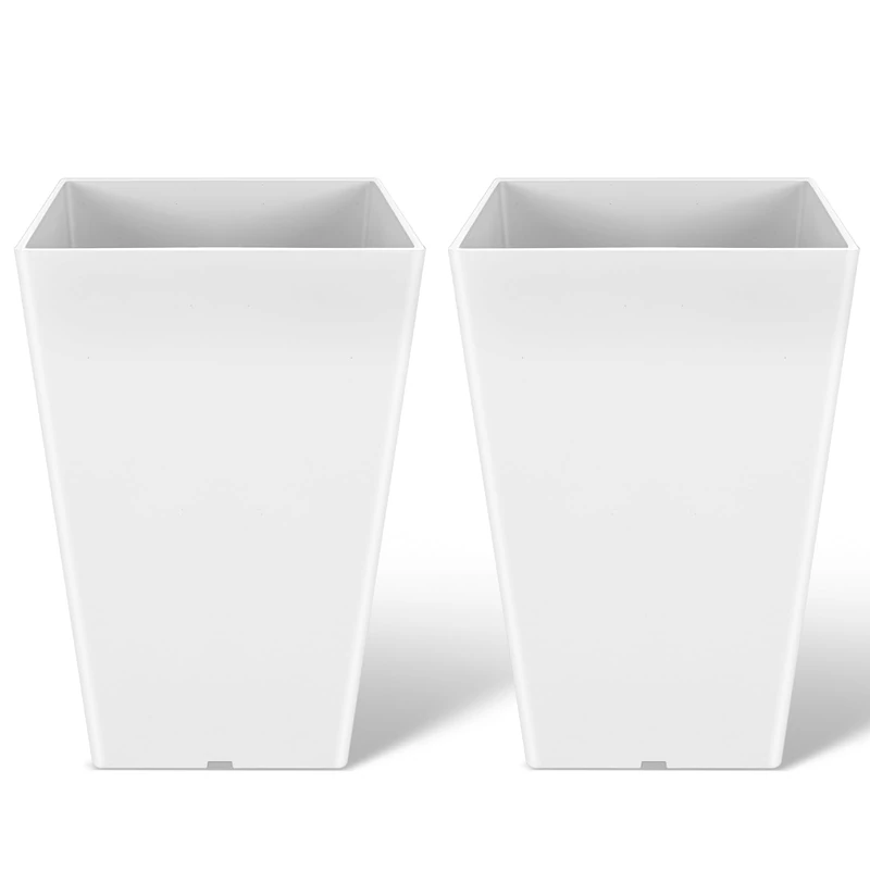 Briwooody Set of 2 16 Inch Large Taper Planters Outdoor Indoor Tall Resin Flower Pots with Drainage Holes Modern for Front Porch Patio Backyard Plants(White)
