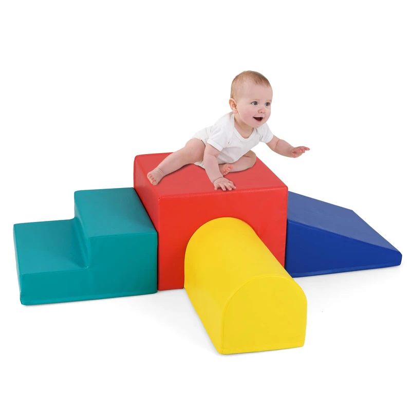 GYMAX Soft Play Equipment for Toddlers, 4 Pieces Kids Activity Set, Baby Soft Foam Blocks Interactive Toy Foam Block Play Set for Climbing, Sliding & Crawling (Red+Yellow)