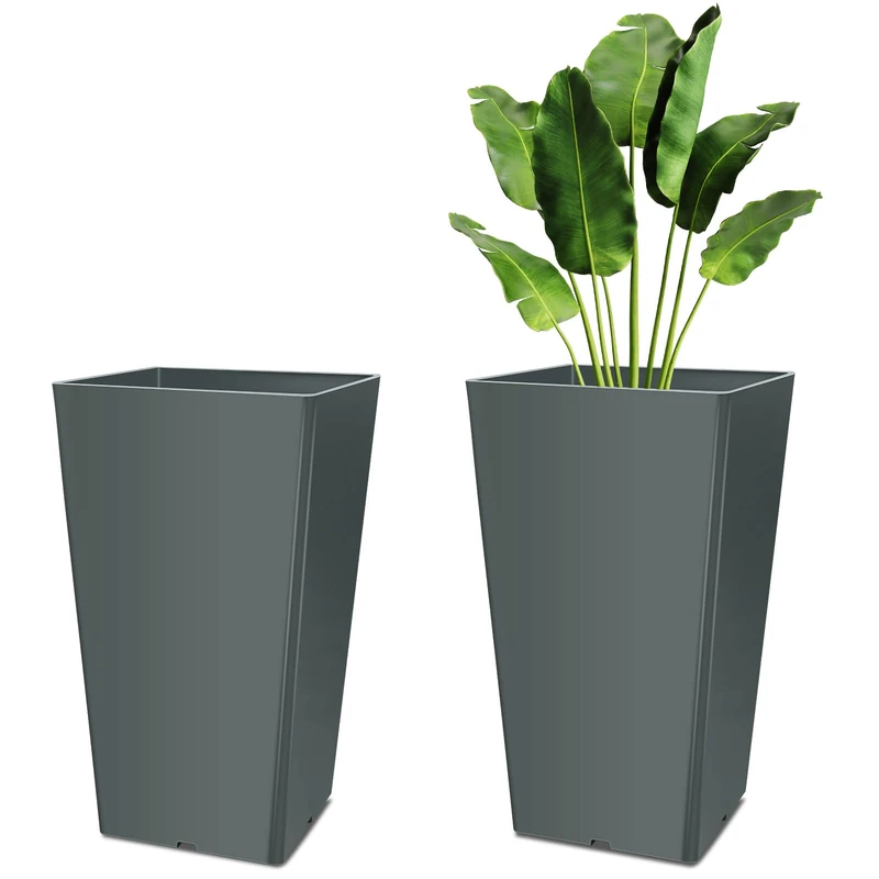 Briwooody Set of 2 16 Inch Large Taper Planters Outdoor Indoor Tall Resin Flower Pots with Drainage Holes Modern for Front Porch Patio Backyard Plants(Gray)