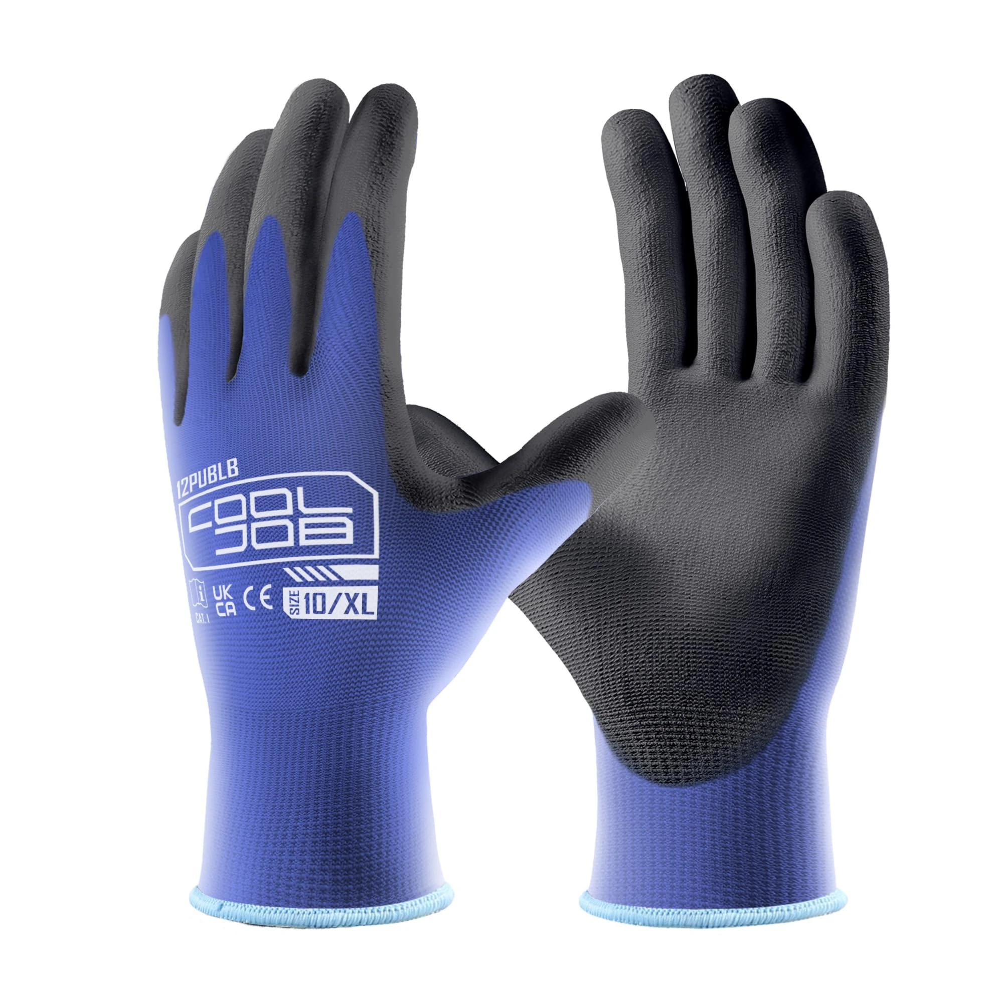 COOLJOB 12 Pairs Safety Work Gloves Pack Bulk with Grip PU Coating, 13 Gauge Seamless Knit Gloves with Polyurethane Dipped for Warehouse Working, Breathable Lightweight for Men Women, （Blue, Xlarge）