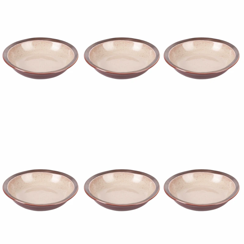 Villa d'Este Home Tivoli Set of 6 Beige Stoneware Soup Plates, Brown Edge, Bretagne Terra