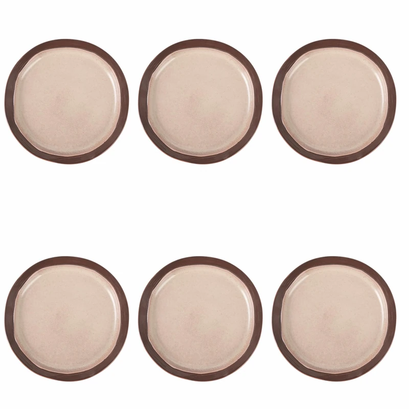 Villa d'Este Home Tivoli Set of 6 Beige Stoneware Dinner Plates, Brown Edge, Bretagne Terra