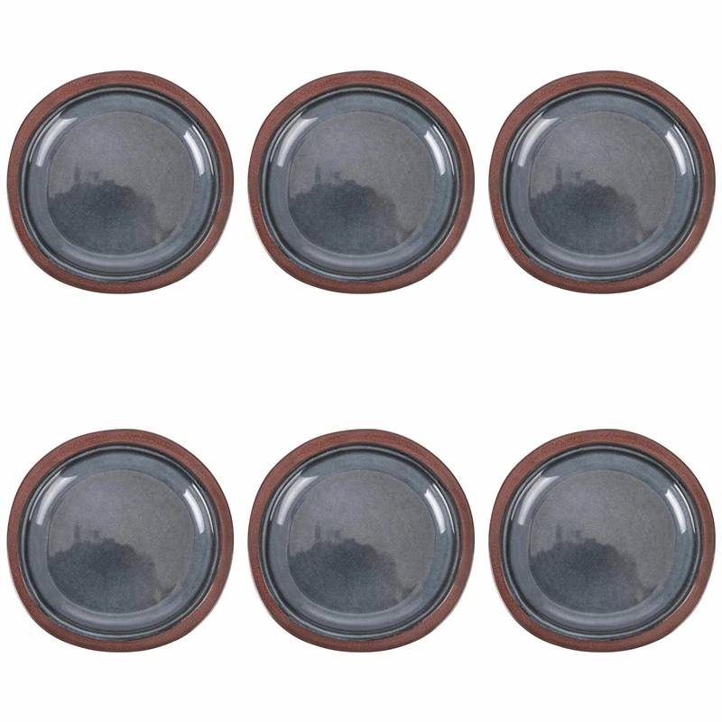 Villa d'Este Home Tivoli Set of 6 Marine Grey Stoneware Fruit Plates, Brown Edge, Bretagne Atlantique