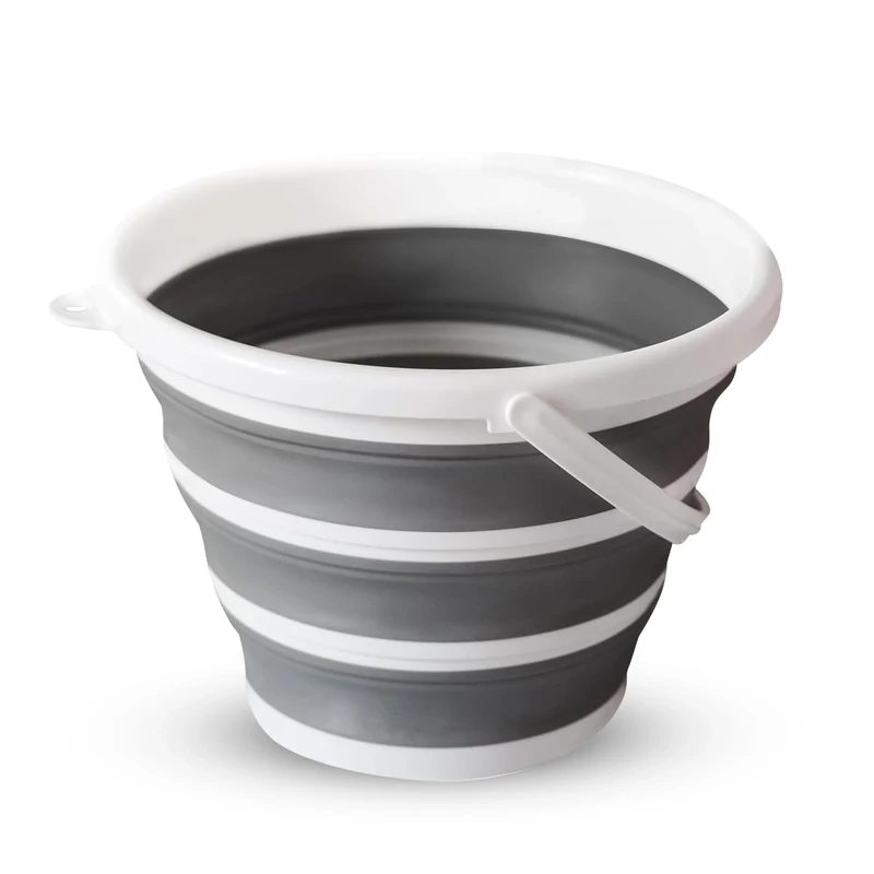 Collapsible Bucket 10L, Silicone Folding Bucket, Round White/Grey Mop Bucket for Cleaning Tools, Ideal for Travelling & Fishing, Space-Saving Design by Zuvo