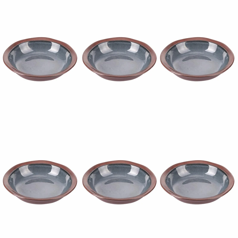 Villa d'Este Home Tivoli Set of 6 Navy Grey Stoneware Soup Plates, Brown Edge, Bretagne Atlantique