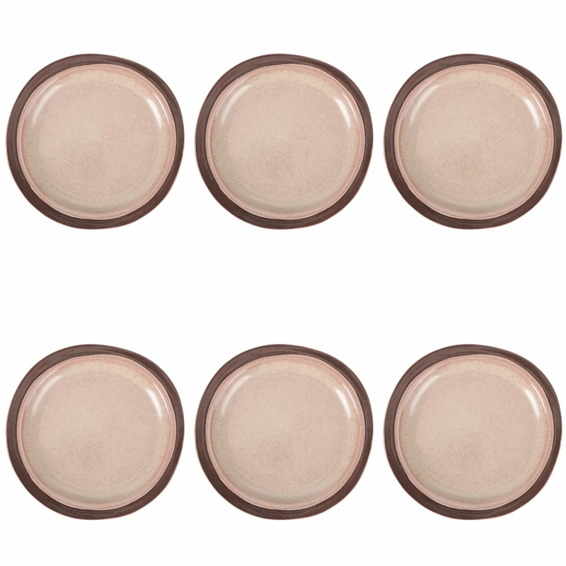 Villa d'Este Home Tivoli Set of 6 Beige Stoneware Fruit Plates, Brown Edge, Bretagne Terra