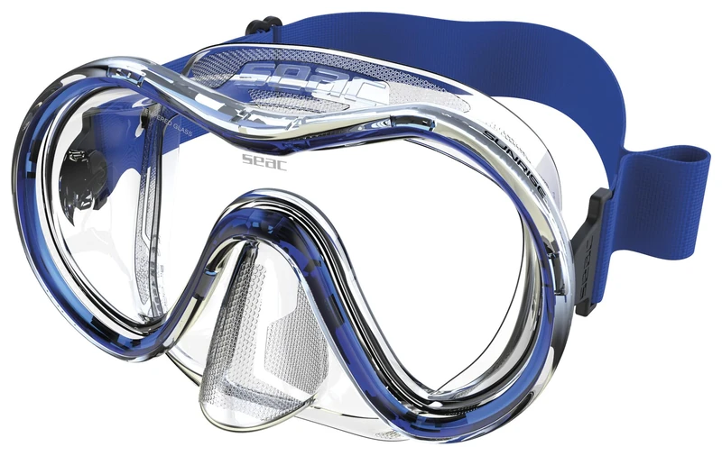 SEAC Sunrise, Single Lens Tempered Glass Mask for Diving and Snorkeling with 3D Buckle, with Fabric or Silicone Headband
