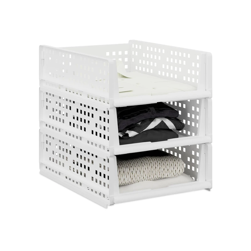 Relaxdays Wardrobe Organiser, Set of 3, Stackable Storage Boxes, 13 x 33.5 x 43.5 cm, Pull-Out Design, White - Image 1