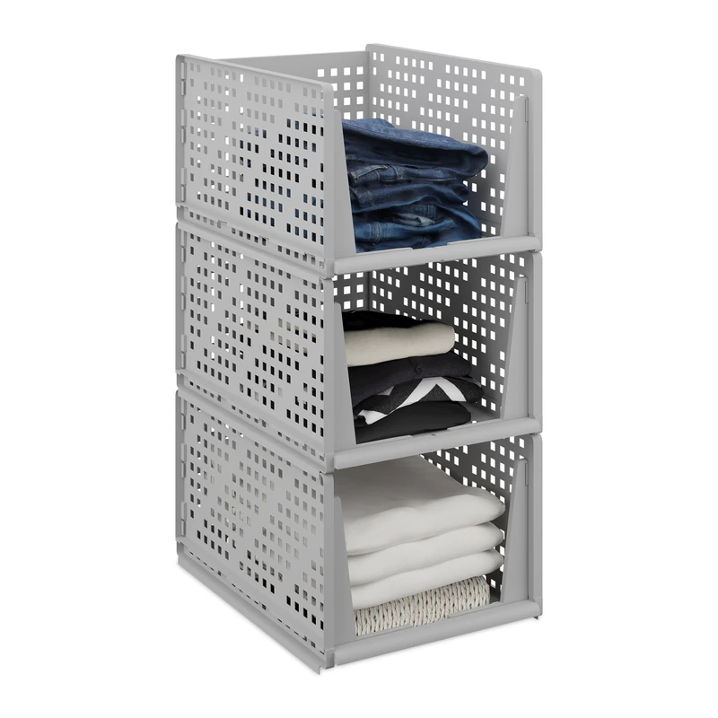Relaxdays Wardrobe Organiser, Set of 3, Stackable Storage Boxes, 24.5 x 33.5 x 43.5 cm, Pull-Out Design, Grey - Image 1