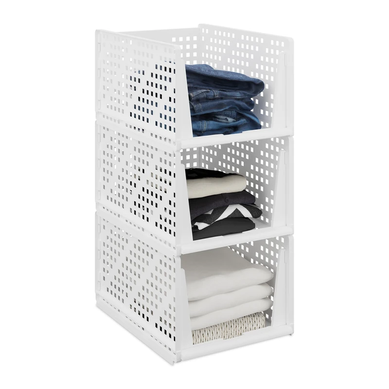 Relaxdays Wardrobe Organiser, Set of 3, Stackable Storage Boxes, 24.5 x 33.5 x 43.5 cm, Pull-Out Design, White