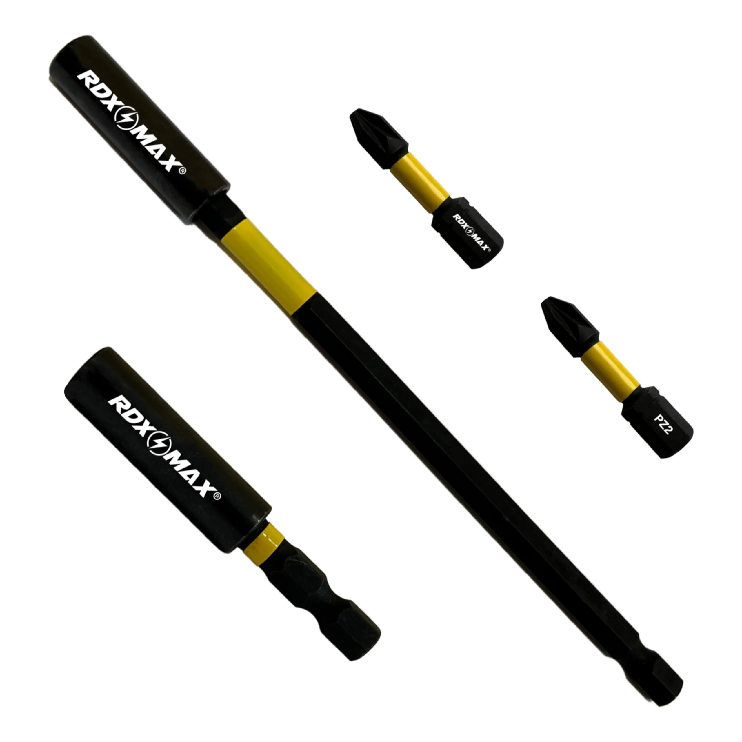 RDXMAX® 2 Piece Magnetic Drill Bit Holder- Premium High-Speed Alloy Steel 60mm and 152mm Professional Impact Bit Holders with 2 x 32mm PZ2 Screwdriver Impact Bits- Durable Magnetic Bit Holder