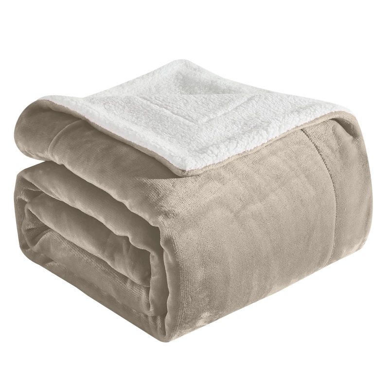 Elegant Comfort Ultra Soft Reversible Flannel Sherpa Blanket - Cozy Silky Fleece Throw for Couch, Bed - Plush Fuzzy Warm Winter Blanket for Gift, Queen, Cream