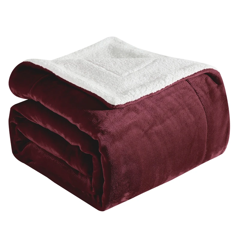 Elegant Comfort Ultra Soft Reversible Flannel Sherpa Blanket - Cozy Silky Fleece Throw for Couch, Bed - Plush Fuzzy Warm Winter Blanket for Gift, Queen, Burgundy