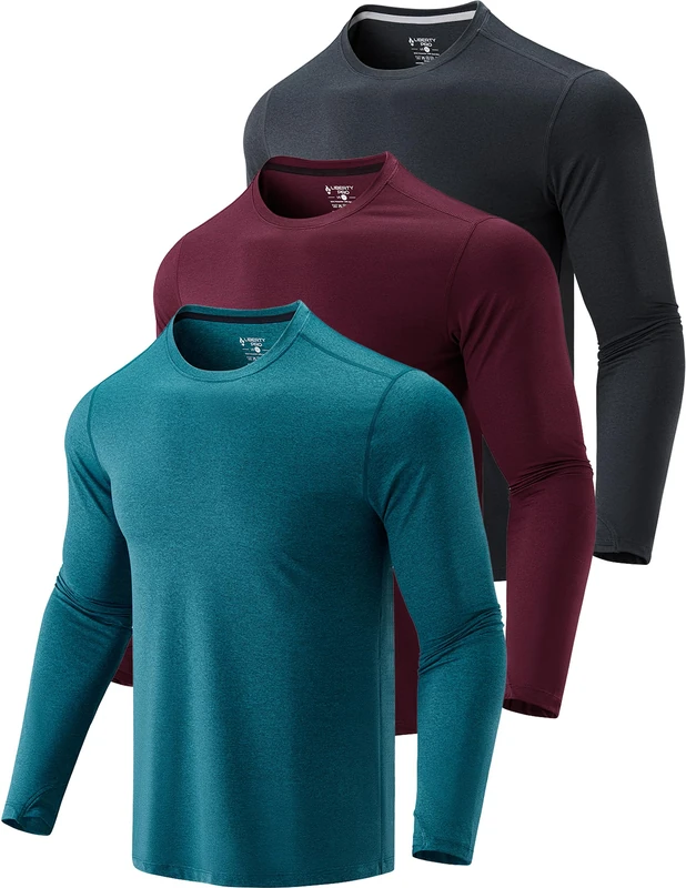 3 Pack: Men's Dry Fit Long Sleeve T Shirts, Lightweight Athletic Performance Tops with Thumb Holes Hiking, Teal/Maroon/Charcoal, Medium