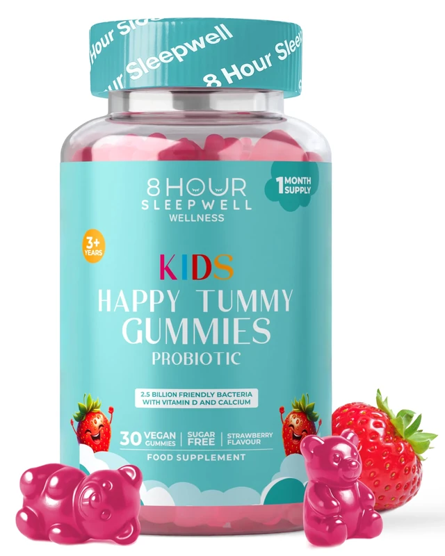 Kids Probiotic Gummies – Vegan, Sugar & Gluten-Free – 2.5 Billion Probiotics, Vitamin D & Calcium for Gut Health, Strong Bones & Immune Support – Kids Tummy Gummies Strawberry Flavour – 1 Month Supply