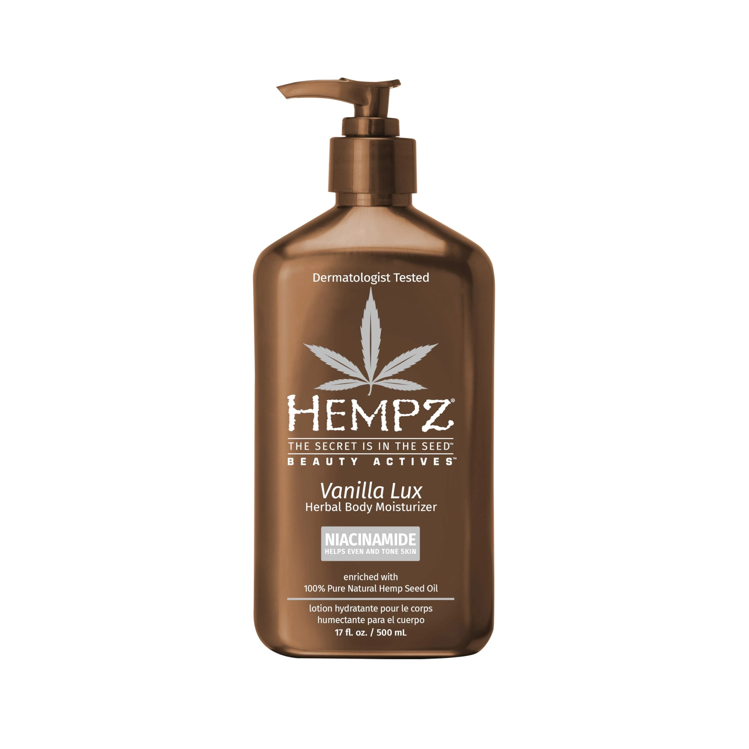 Hempz Vanilla Lux Herbal Body Moisturizer with Niacinamide, Shea Butter, Aloe Vera and 100% Pure Hemp Seed Oil, 17 oz.
