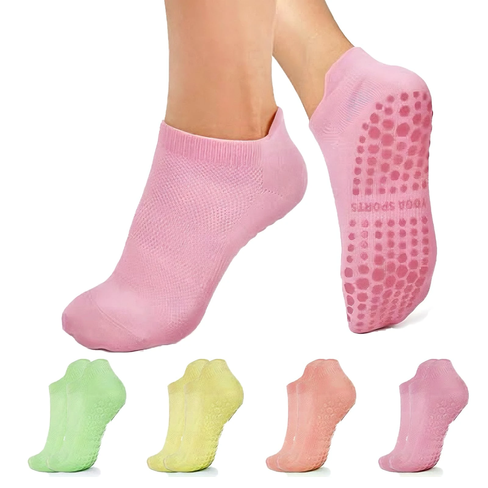 4 Pairs of Mixed-color Cotton Yoga Socks for Women with Anti-slip Feature and Breathable Mesh, Green,yellow,pink,orange, One size