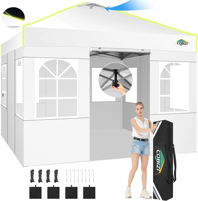 COBIZI 3x3 Folding Tent with Central Locking Single Button, Fluorescent Bands, Ventilation, 4 Side Walls and 3 Adjustable Heights for Camping and Beach, Garden Pavilion Gazebo Pergola