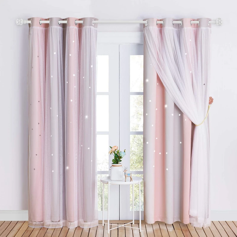 NICETOWN Kids Blackout Curtains Voile - Eyelet Top Thermal Insulated Curtains Light Blocking Filter Window Star Curtain for Kids Girls Nursery Bedroom, Grey Pink, 2 Panels, W52 x L90 Inch (132x228 cm)